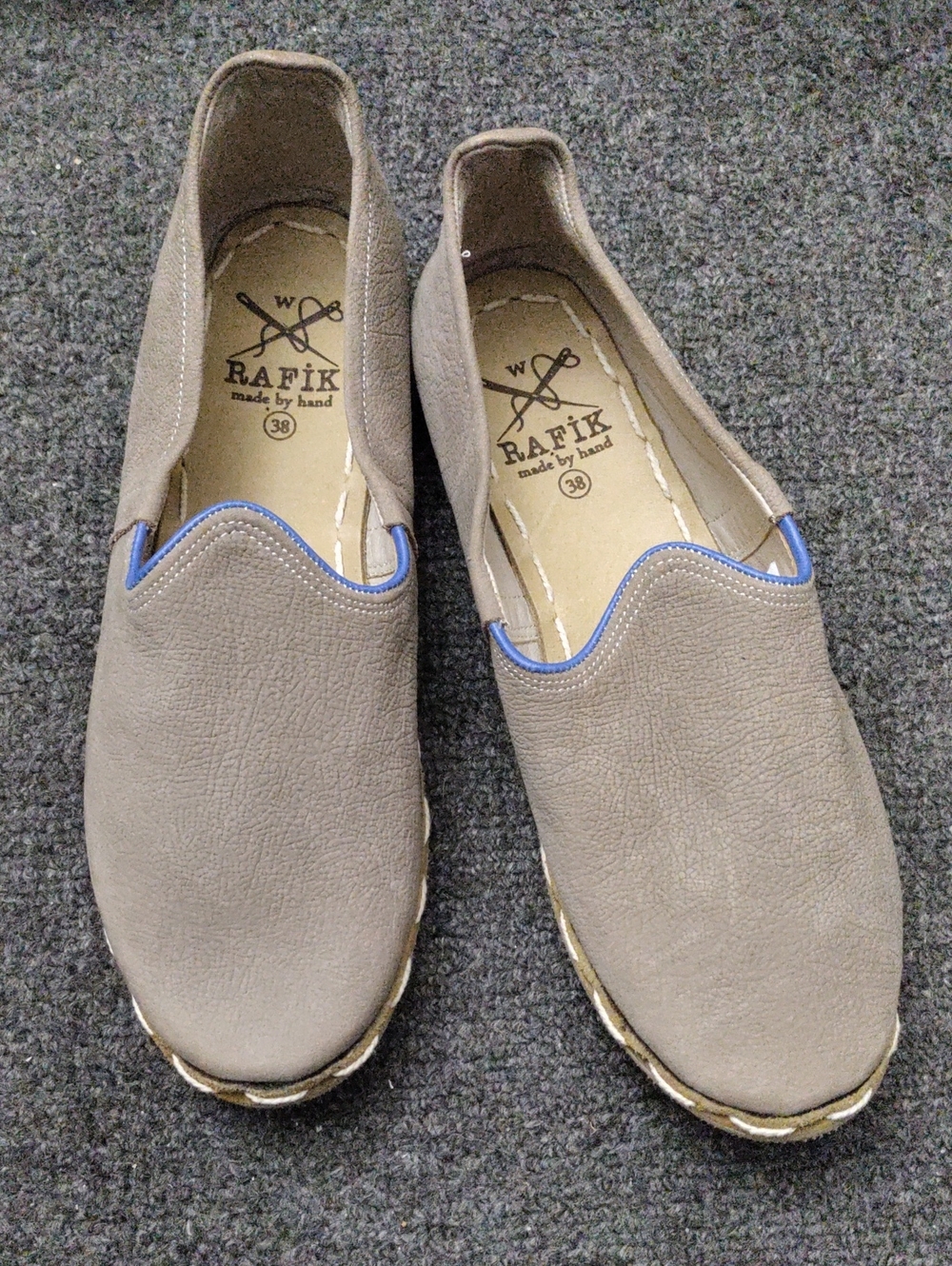 Taupe Slip-On Loafers with Blue Trim